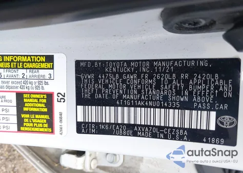 2022 Toyota Camry Se from USA, damaged, VIN 4T1G11AK4NU014335